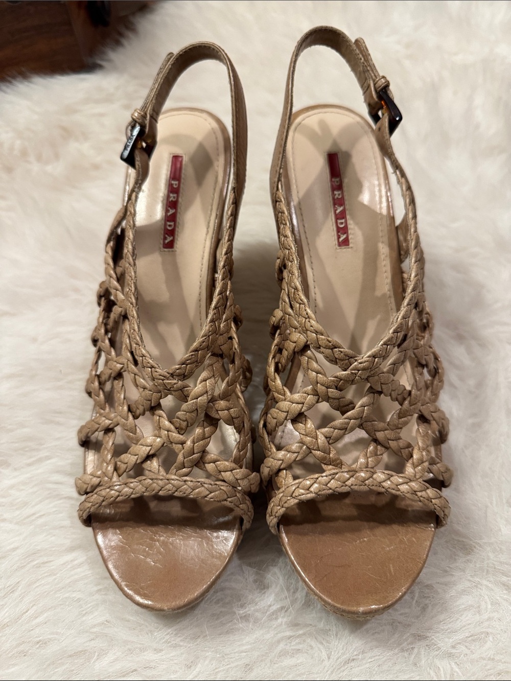 Prada Braided Leather Slingback Heels in Tan Size EU39 pre-owned.